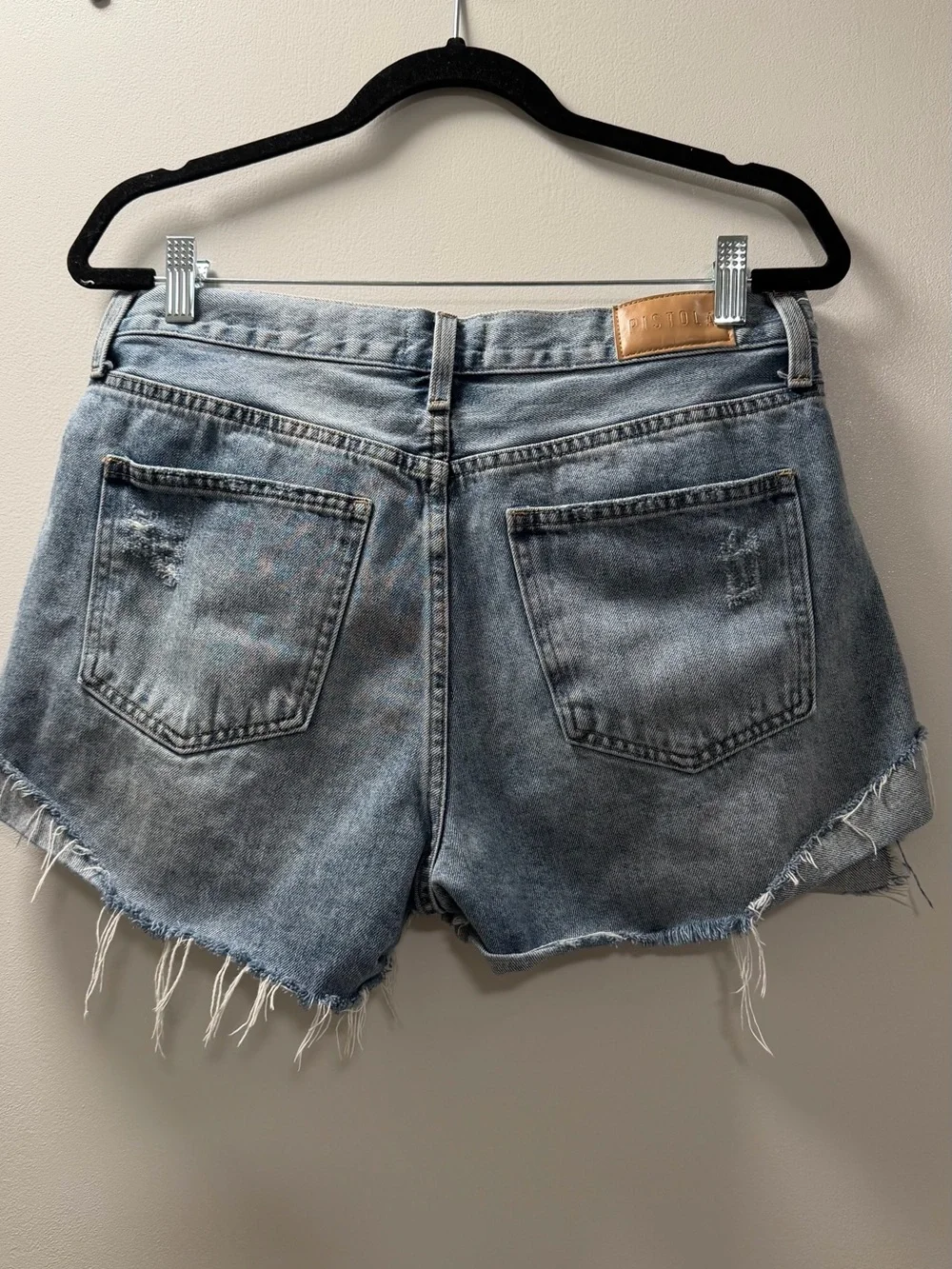 Pistola Light Blue Distressed Frayed Hem Denim Shorts